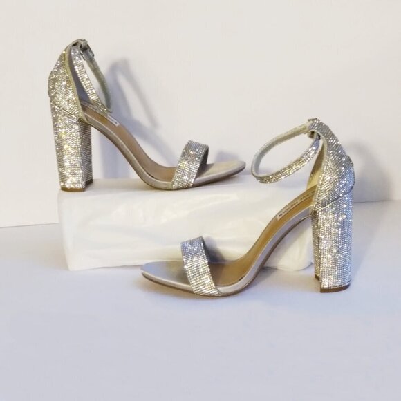 Steve Madden Carrson Silver Crystal Covered Block Heel Sparkly Sandals  Sz 9.5 - Picture 5 of 11